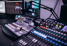 Equipment in an empty musical recording room