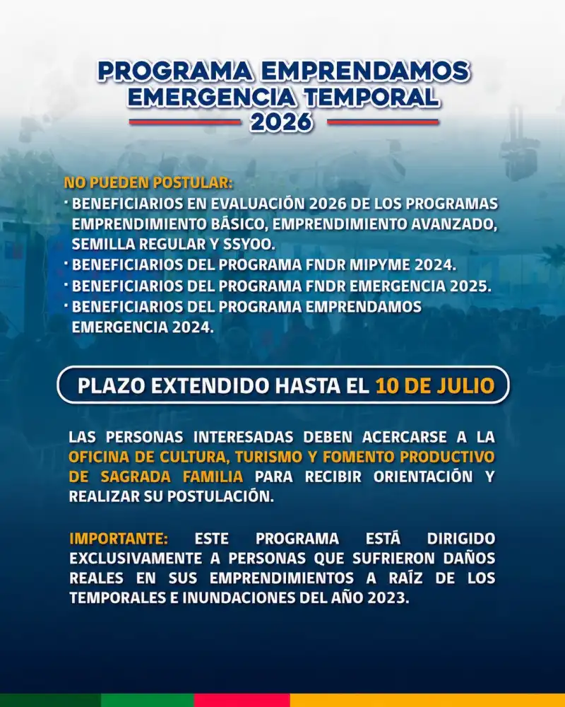 Comuna De Sagrada Familia Invita A Emprendedores Afectados Por Los Temporales De 2023 A Postular A Programa De Apoyo Comuna De Sagrada Familia Invita A Emprendedores Afectados Por Los Temporales De 2023 A Postular A Programa De Apoyo